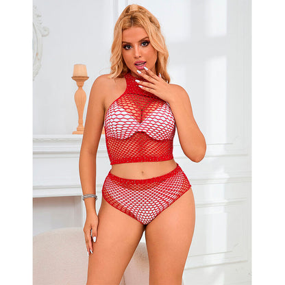 Conjunto de lingerie SUBBLIME rede arrastão rosa com detalhes de strass, mostrando o top e os shorts.
