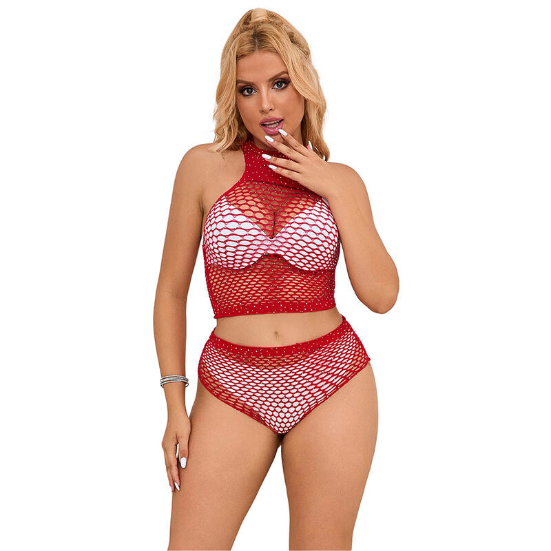 Conjunto de lingerie SUBBLIME rede arrastão rosa com detalhes de strass, mostrando o top e os shorts.