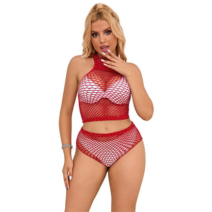 Conjunto de lingerie SUBBLIME rede arrastão rosa com detalhes de strass, mostrando o top e os shorts.