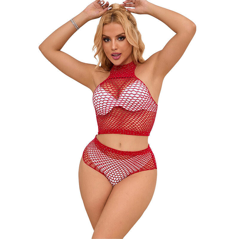 Conjunto de lingerie SUBBLIME rede arrastão rosa com detalhes de strass, mostrando o top e os shorts.