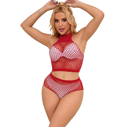 Conjunto de lingerie SUBBLIME rede arrastão rosa com detalhes de strass, mostrando o top e os shorts.