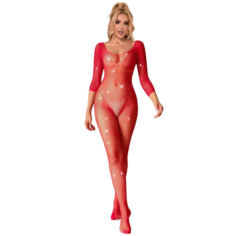 Imagem de Subblime Bodystocking de Rede com Diamantes Manga Longa Vermelho, mostrando detalhes da peça e textura.
