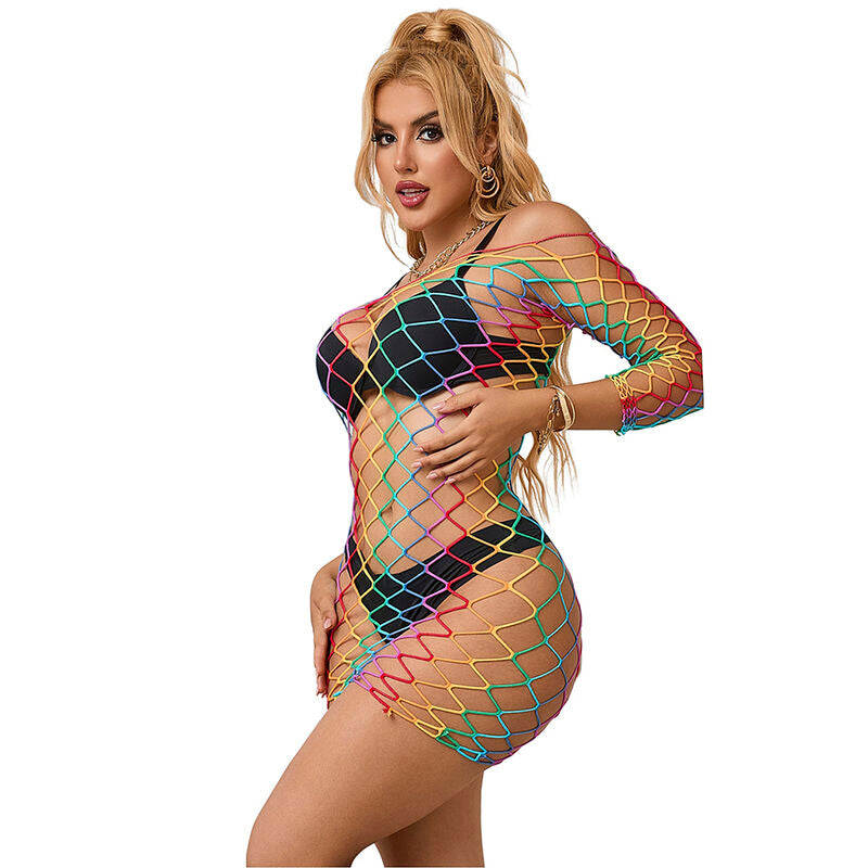 Vestido SUBBLIME Fishnet Rainbow Manga Longa em Malha