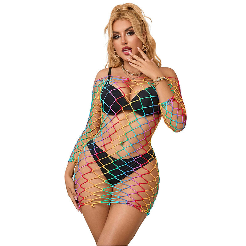 Vestido SUBBLIME Fishnet Rainbow Manga Longa em Malha