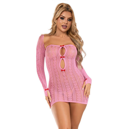SUBBLIME Vestido Curto em Rede Rosa Tamanho Único, detalhe do tecido e corte sensual.