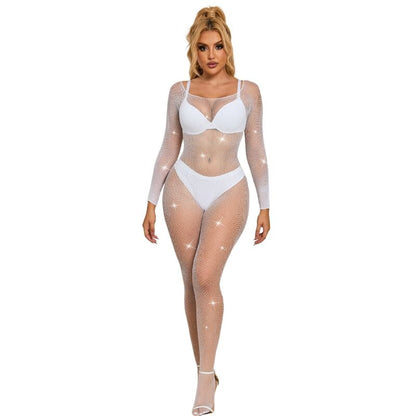 SUBBLIME Bodystocking de Rede com Diamantes Branco de Manga Comprida, mostrando detalhes da malha e ajuste para um visual sensual.