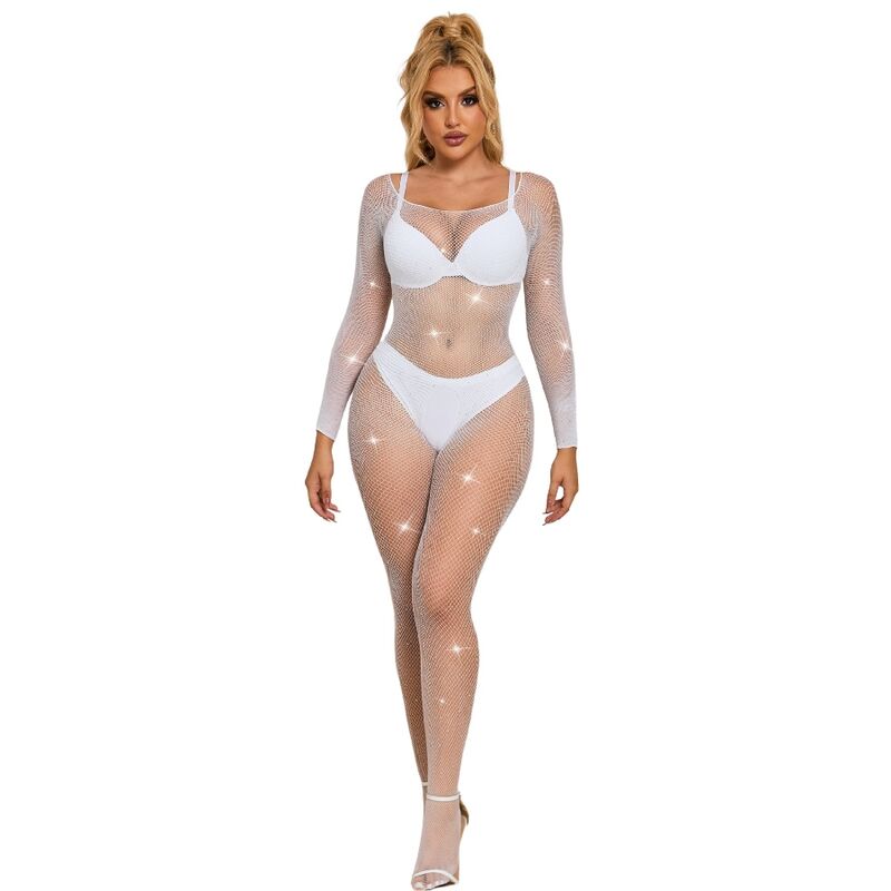 SUBBLIME Bodystocking de Rede com Diamantes Branco de Manga Comprida, mostrando detalhes da malha e ajuste para um visual sensual.
