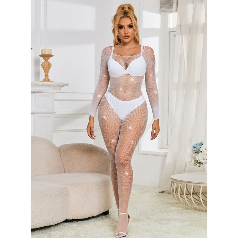 SUBBLIME Bodystocking de Rede com Diamantes Branco de Manga Comprida, mostrando detalhes da malha e ajuste para um visual sensual.