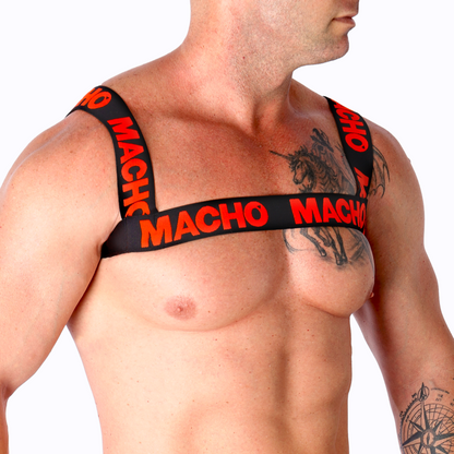 MACHO Arnês Duplo Elástico Vermelho, destacando seu design ajustável e vibrante.