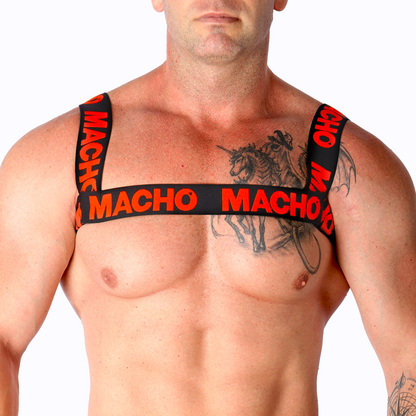 MACHO Arnês Duplo Elástico Vermelho, destacando seu design ajustável e vibrante.