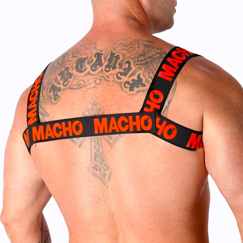 MACHO Arnês Duplo Elástico Vermelho, destacando seu design ajustável e vibrante.