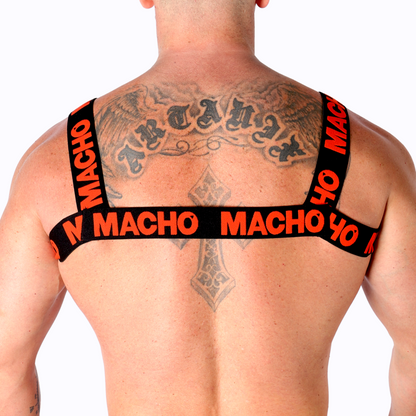 MACHO Arnês Duplo Elástico Vermelho, destacando seu design ajustável e vibrante.