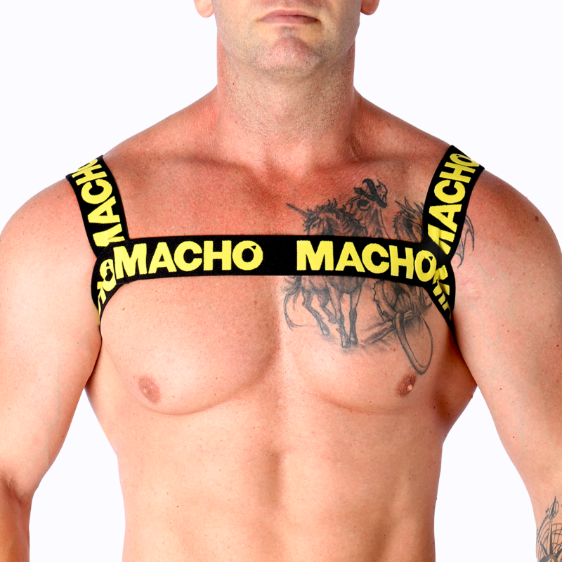 Arnês Duplo Elástico Amarelo MACHO, mostrando o design ajustável e o material elástico.