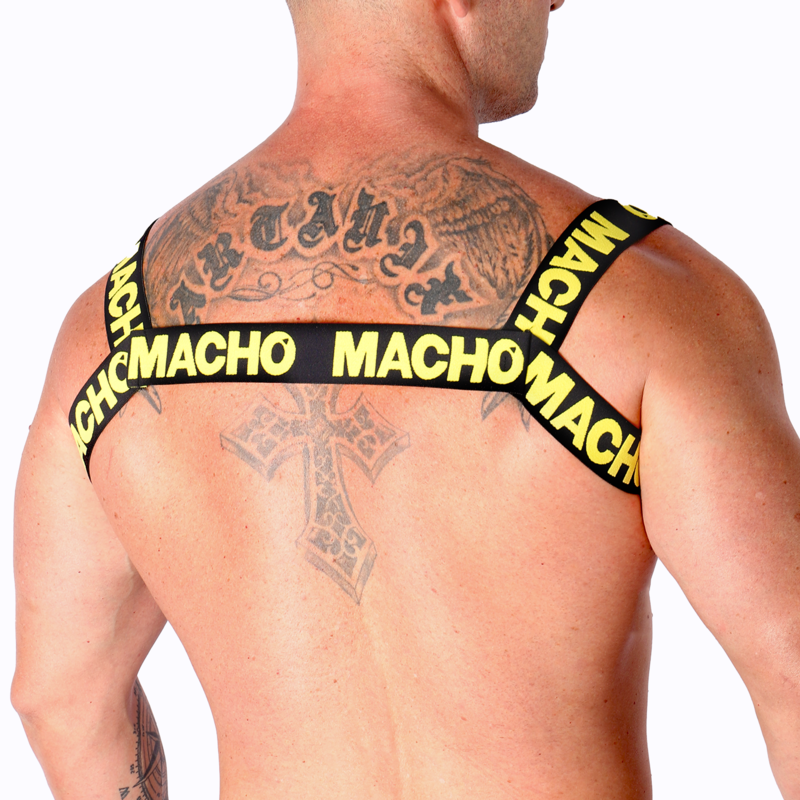 Arnês Duplo Elástico Amarelo MACHO, mostrando o design ajustável e o material elástico.
