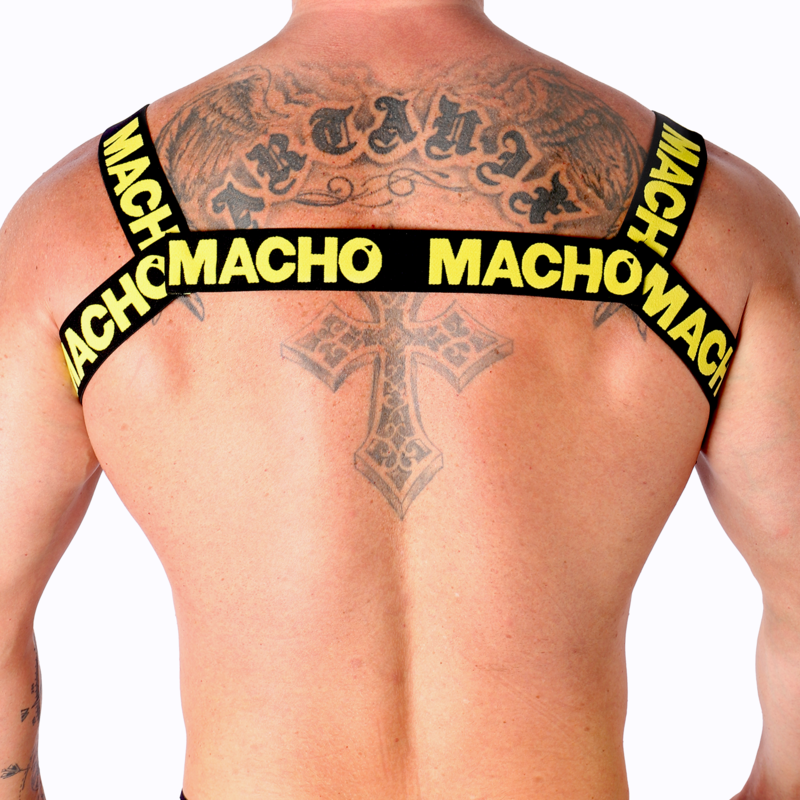 Arnês Duplo Elástico Amarelo MACHO, mostrando o design ajustável e o material elástico.