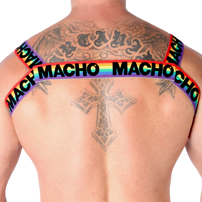 Macho Arnês Duplo Elástico Edição Pride Limited, destacando as cores vibrantes e o design ajustável para diversos corpos.