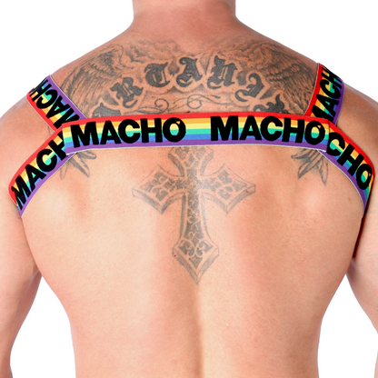 Macho Arnês Duplo Elástico Edição Pride Limited, destacando as cores vibrantes e o design ajustável para diversos corpos.