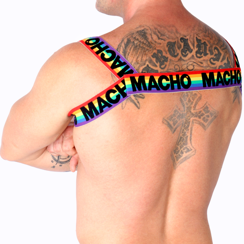 Macho Arnês Duplo Elástico Edição Pride Limited, destacando as cores vibrantes e o design ajustável para diversos corpos.