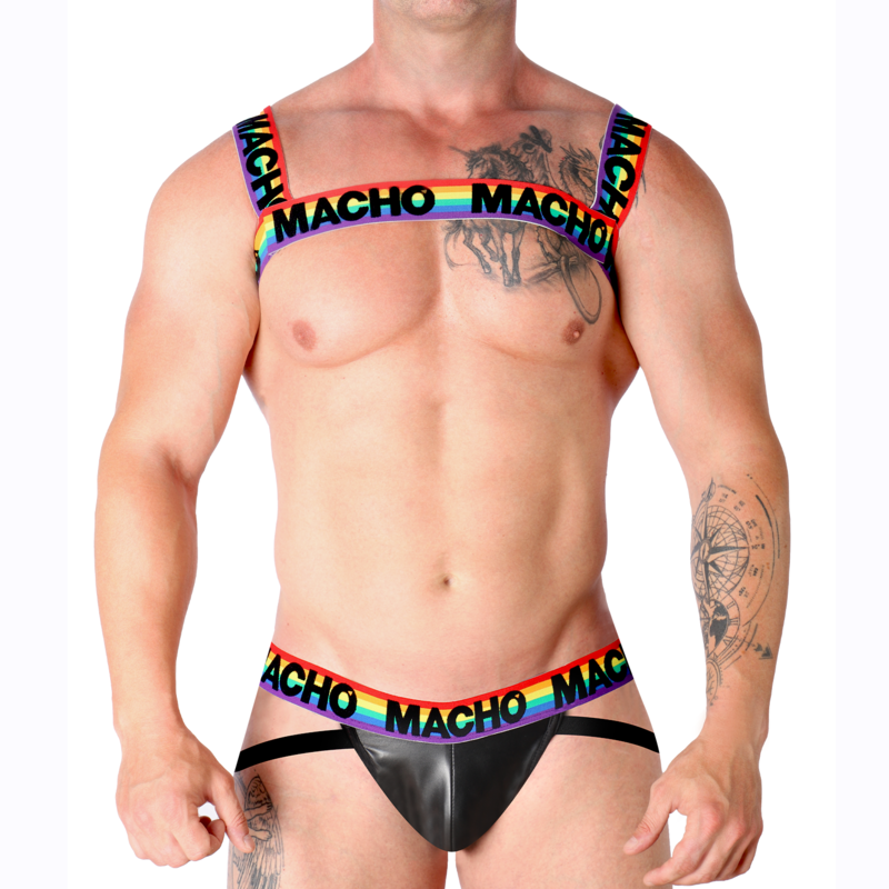 Macho Arnês Duplo Elástico Edição Pride Limited, destacando as cores vibrantes e o design ajustável para diversos corpos.