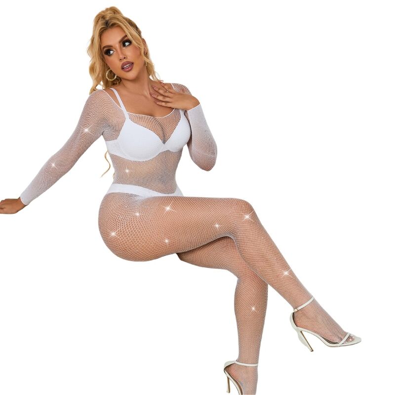 SUBBLIME Bodystocking de Rede com Diamantes Branco de Manga Comprida, mostrando detalhes da malha e ajuste para um visual sensual.