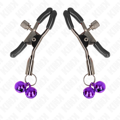 Grampo de Bico Duplo KINK Sino Roxo 6 CM para estimulação de mamilos, detalhe do sino e grampo.