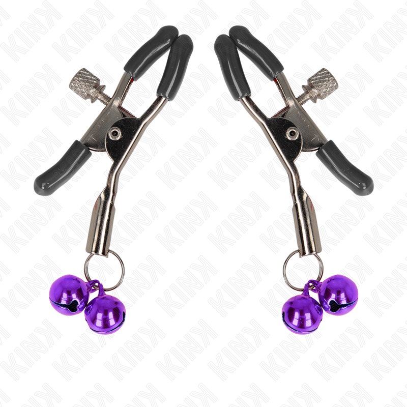 Grampo de Bico Duplo KINK Sino Roxo 6 CM para estimulação de mamilos, detalhe do sino e grampo.