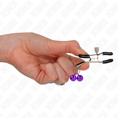 Grampo de Bico Duplo KINK Sino Roxo 6 CM para estimulação de mamilos, detalhe do sino e grampo.