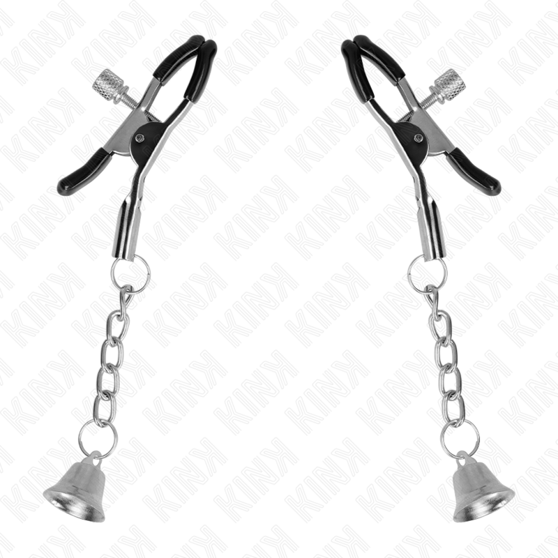 Close-up das KINK Pinças para Mamilos Pingente Sino Prata 6cm, destacando o design e o sino.