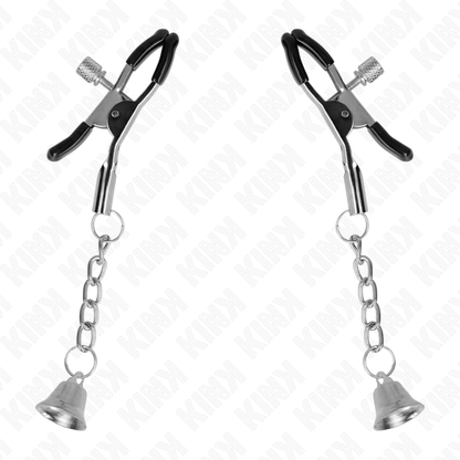 Close-up das KINK Pinças para Mamilos Pingente Sino Prata 6cm, destacando o design e o sino.