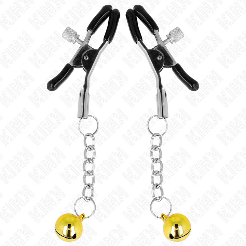 Close-up das Pinças de Mamilo KINK Jingle Bell Douradas de 6 CM para estimulação sensorial BDSM.