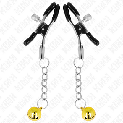 Close-up das Pinças de Mamilo KINK Jingle Bell Douradas de 6 CM para estimulação sensorial BDSM.