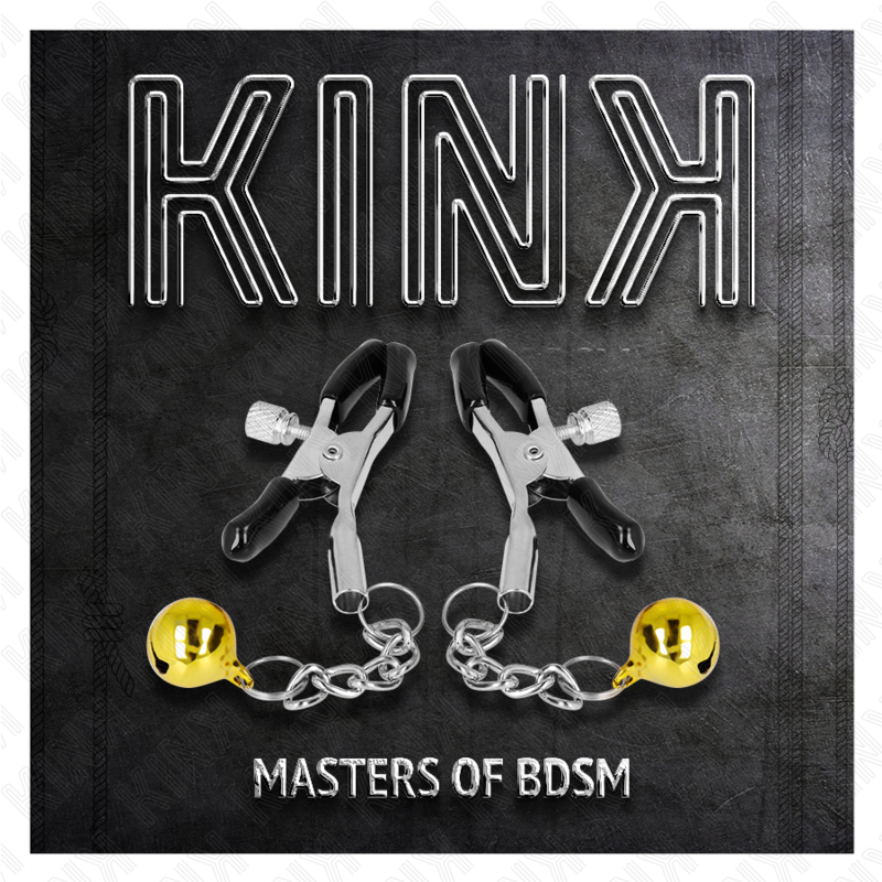 Close-up das Pinças de Mamilo KINK Jingle Bell Douradas de 6 CM para estimulação sensorial BDSM.