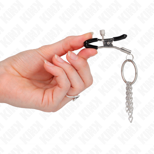 KINK Pinça para Mamilos O-Ring com Pequena Corrente Prata 6cm, detalhe do design e material.