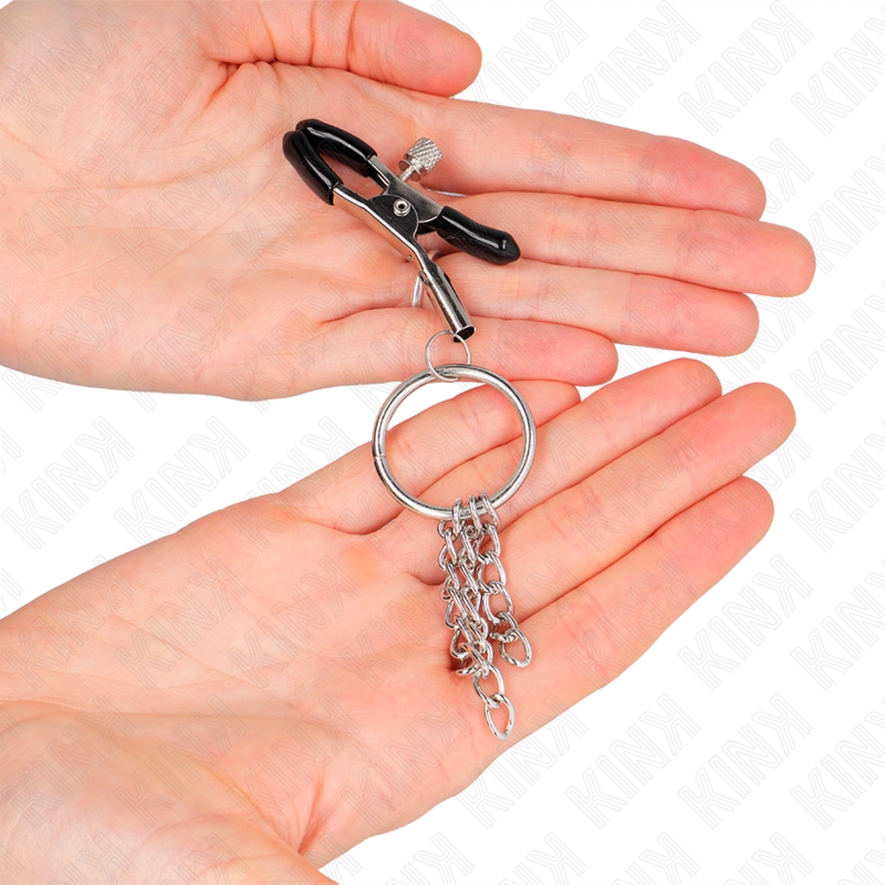 KINK Pinça para Mamilos O-Ring com Pequena Corrente Prata 6cm, detalhe do design e material.