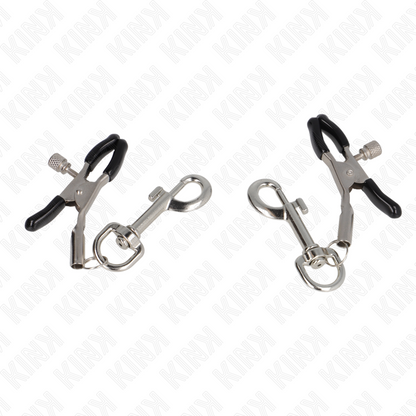 KINK Grampo de Mamilo com Gancho BDSM 6cm, detalhe do mecanismo de ajuste e do gancho para acessórios.