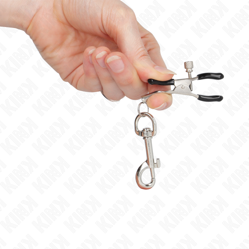 KINK Grampo de Mamilo com Gancho BDSM 6cm, detalhe do mecanismo de ajuste e do gancho para acessórios.