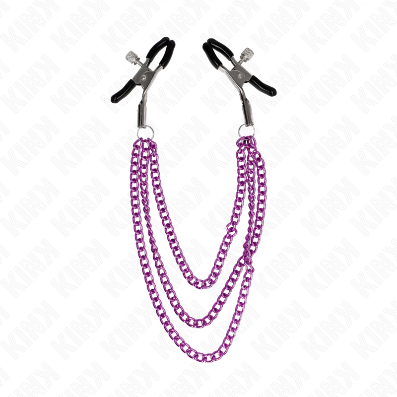 Close-up das Pinças para Bicos KINK com 3 Correntes Roxo, mostrando o design e as correntes.