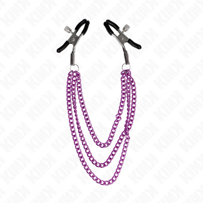 Close-up das Pinças para Bicos KINK com 3 Correntes Roxo, mostrando o design e as correntes.