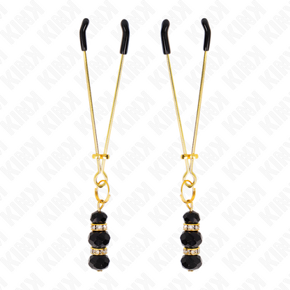 Close-up das Pinças para Mamilos KINK Finas Douradas com 3 Contas Pretas, destacando o design elegante e os detalhes.