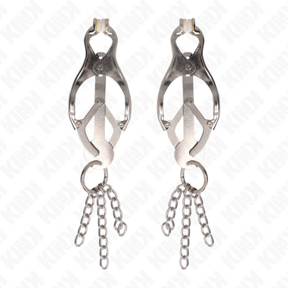 KINK Pinças de Mamilo Trevo Japonês com Pequenas Correntes Prata, para estimulação BDSM.