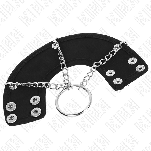KINK Anel Peniano de Metal com Cinto de Couro e Corrente 7cm para BDSM, detalhe.