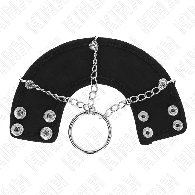 KINK Anel Peniano de Metal com Cinto de Couro e Corrente 7cm para BDSM, detalhe.
