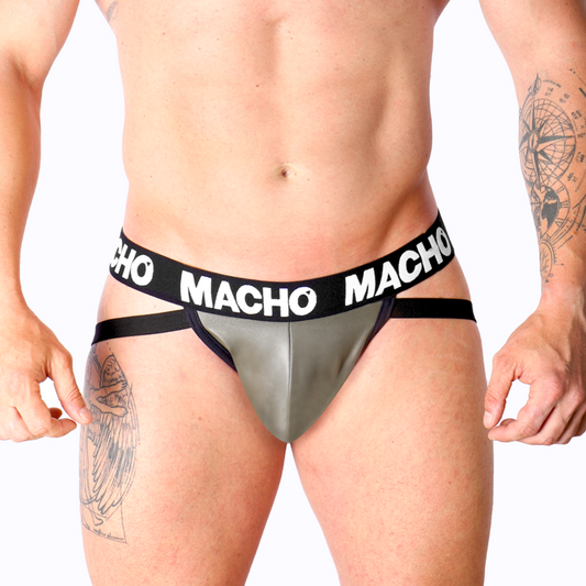 Jockstrap Macho MX27GR em couro sintético cinza bege, detalhe do material e design sensual.