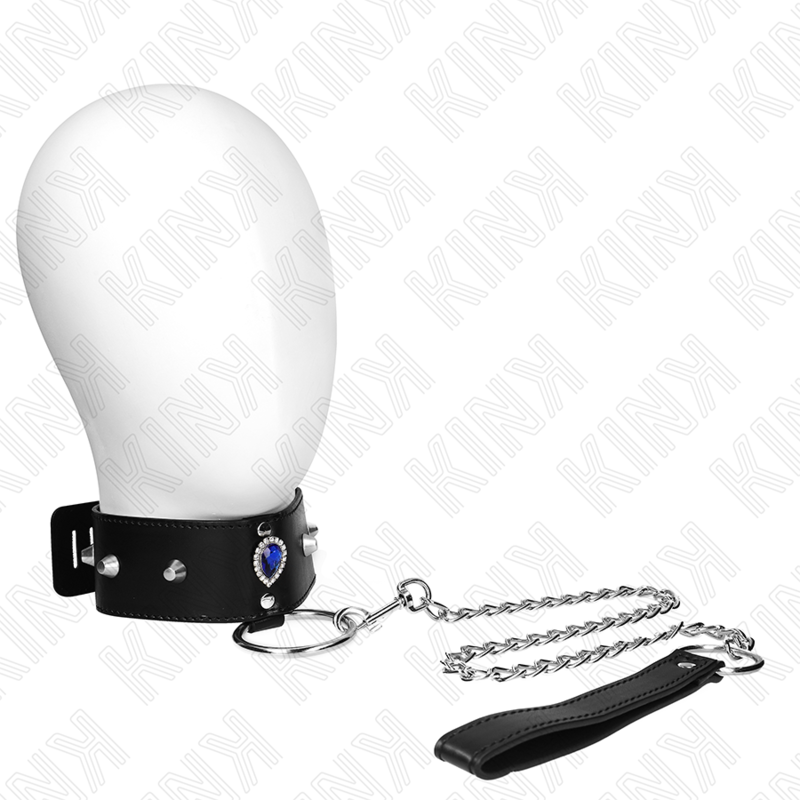 KINK Colar BDSM com Alça e Diamantes Azuis, ajustável para controle e estilo.