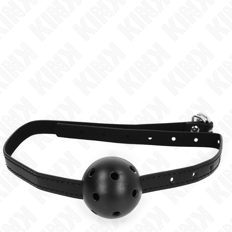 Detalhe da Mordaça Bola Respirável Preta KINK Simplicity, mostrando a bola de 4,5cm e a tira ajustável.
