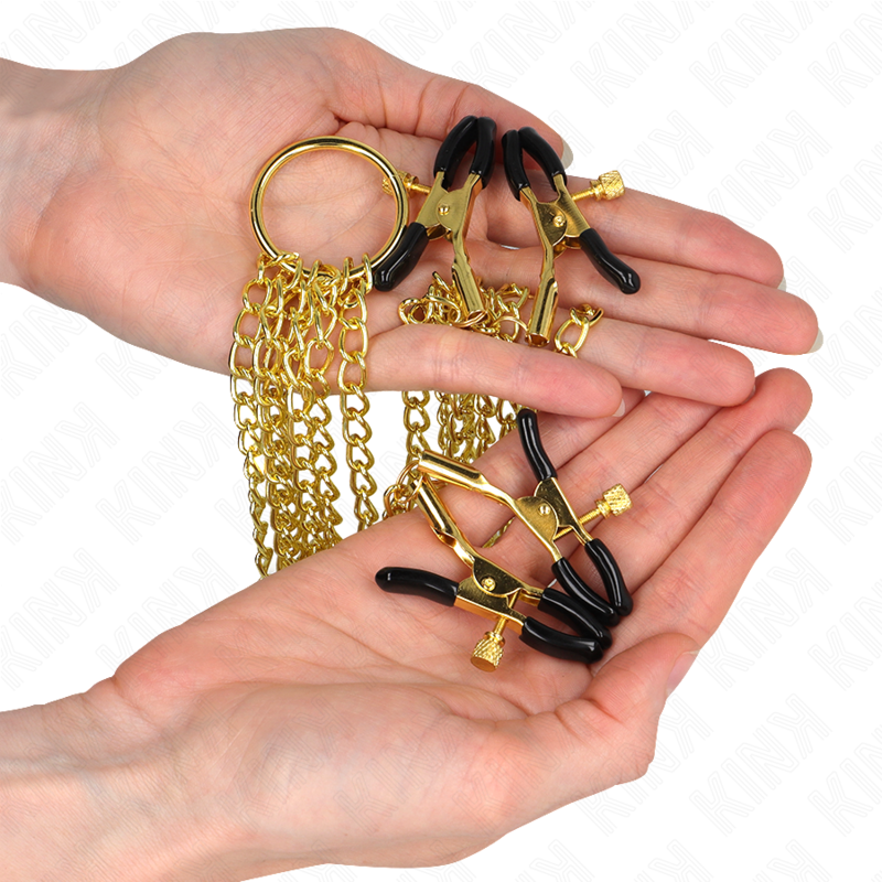 KINK 4 Pinças de Bico e Clitórito Ajustáveis Ouro para estimulação BDSM.