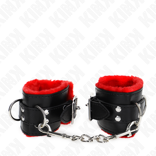 KINK Punho de Pulso Forro de Pele com Furos Quadrados Ajustável Vermelho e Preto para BDSM.