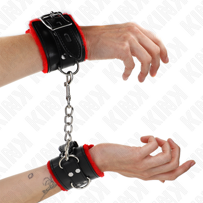 KINK Punho de Pulso Forro de Pele com Furos Quadrados Ajustável Vermelho e Preto para BDSM.