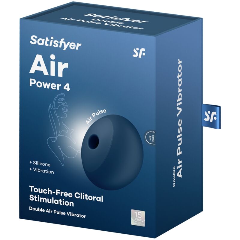 Satisfyer Air Power 4 estimulador e vibrador azul, exibindo seu design compacto e silicone suave.