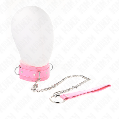 Colar BDSM com trela KINK rosa, detalhando o material e a fivela ajustável.